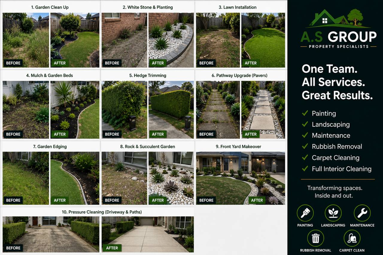 Melbourne landscaping projects — lawn installation, mulch, hedge trimming, pathways and garden edging before and after