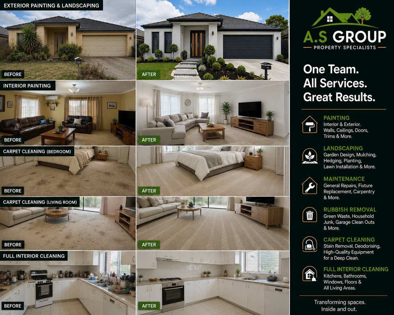Exterior painting, landscaping, carpet cleaning and full interior cleaning before and after in Melbourne