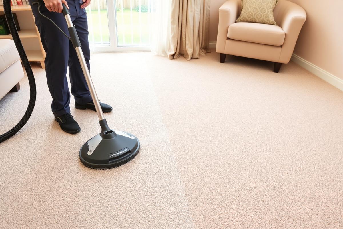 Professional carpet cleaner steam cleaning a beige carpet