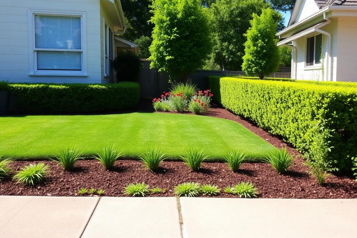 Melbourne front garden with fresh lawn, mulched beds and neat hedges