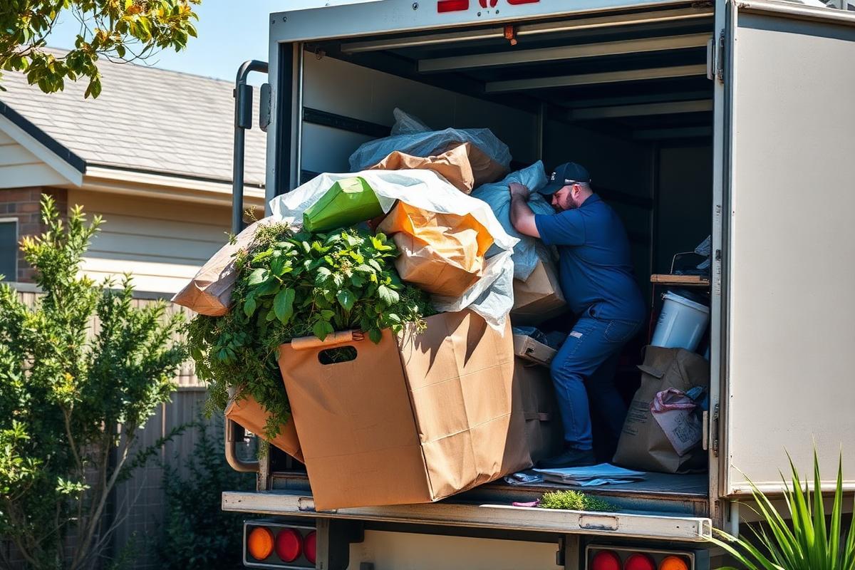 Worker loading household junk and green waste into a rubbish removal truck
